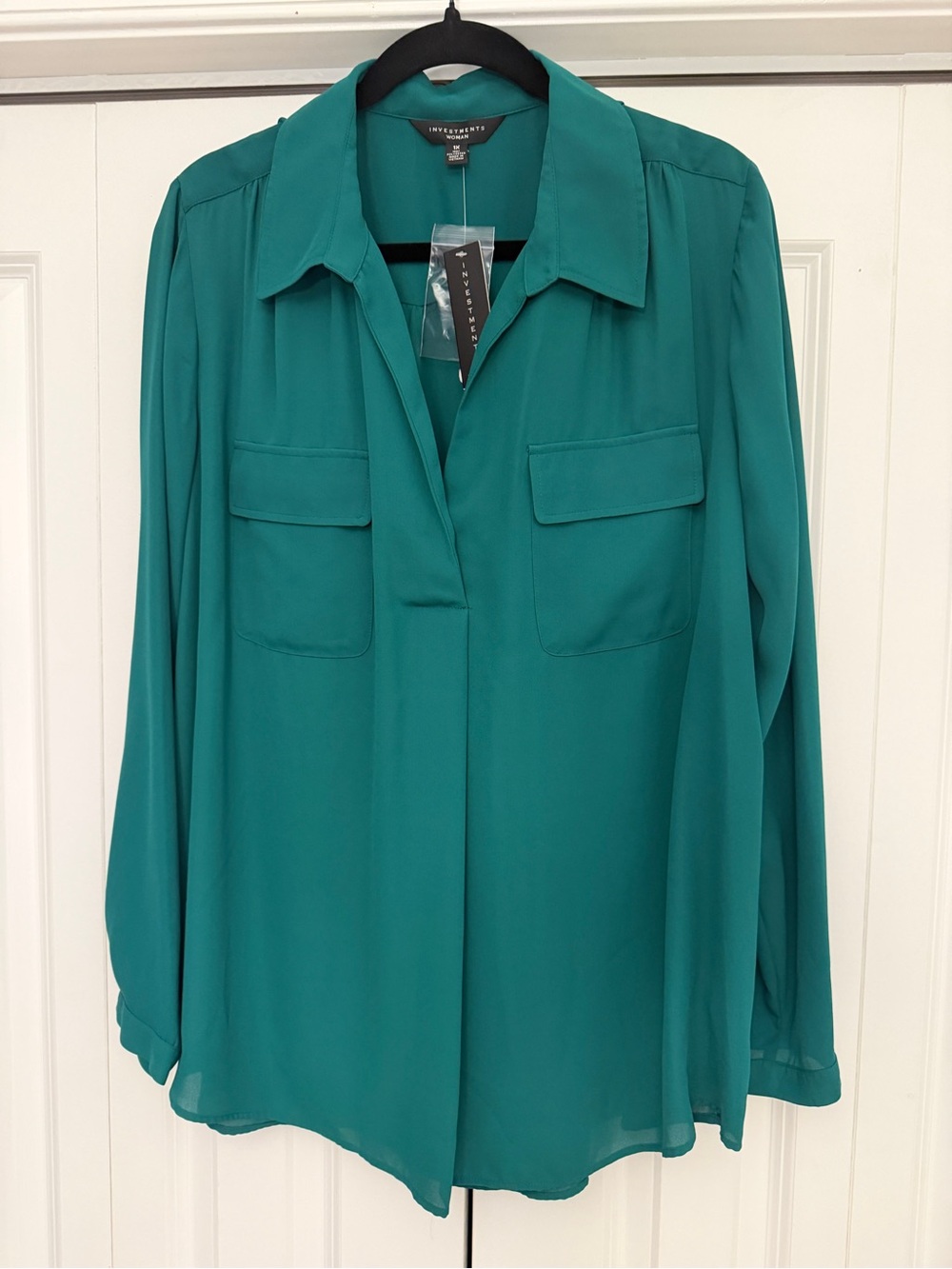 Investments Woman 1X Teal Green Collared Blouse NWT